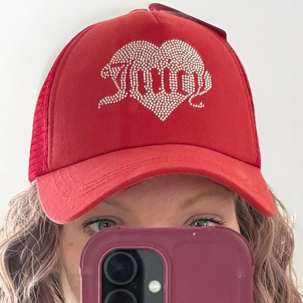 JUICY COUTURE Y2K Rhinestone Studded Heart Gothic Logo Trucker Hat Baseball Cap